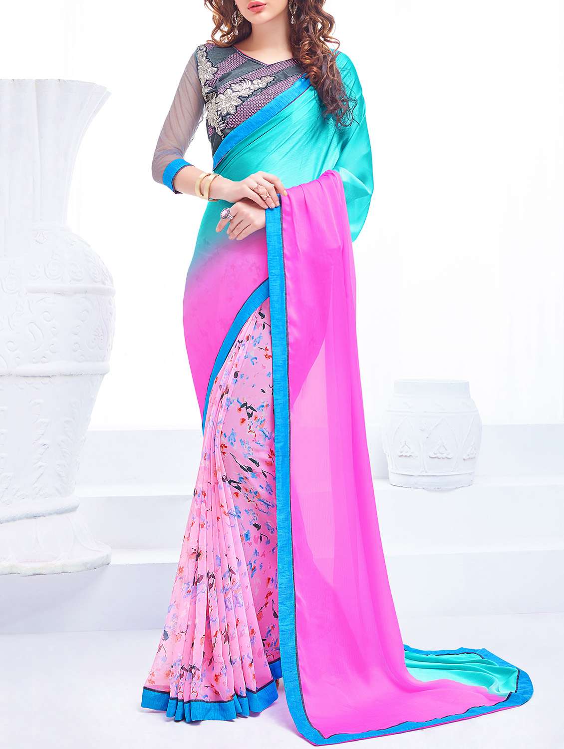 pink georgette printed saree with blouse
