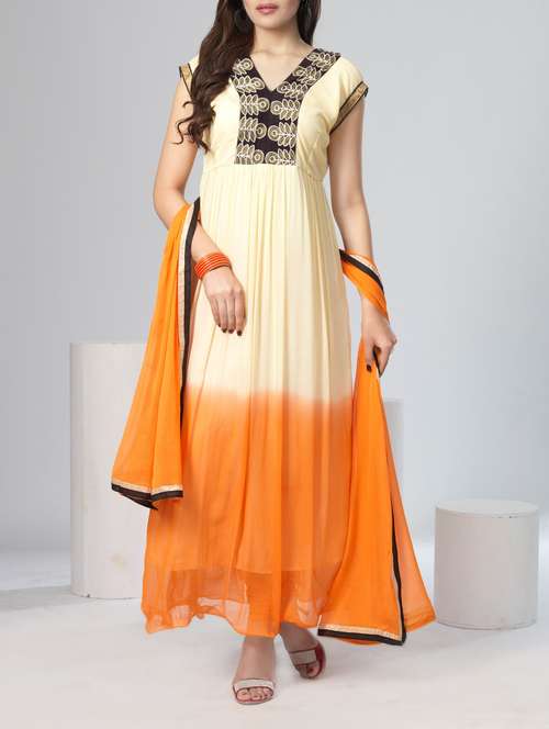 orange chiffon unstitched suit - 13363850 - Standard Image - 0