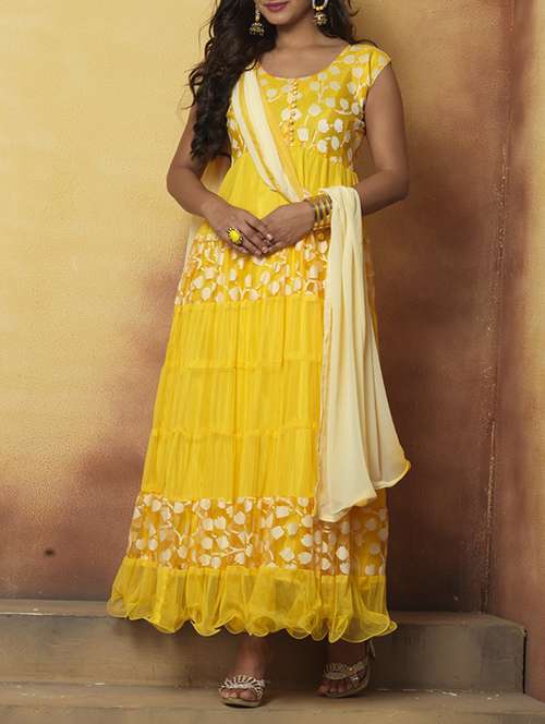 yellow net unstitched suit - 13363856 - Standard Image - 0