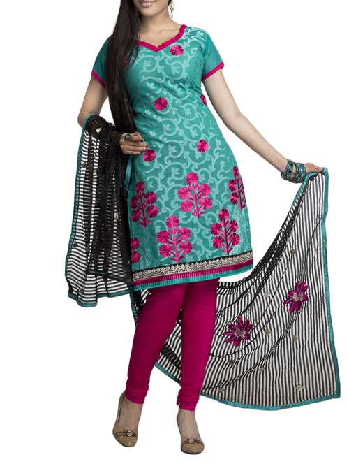 turquoise cotton unstitched suit - 13363888 - Standard Image - 0
