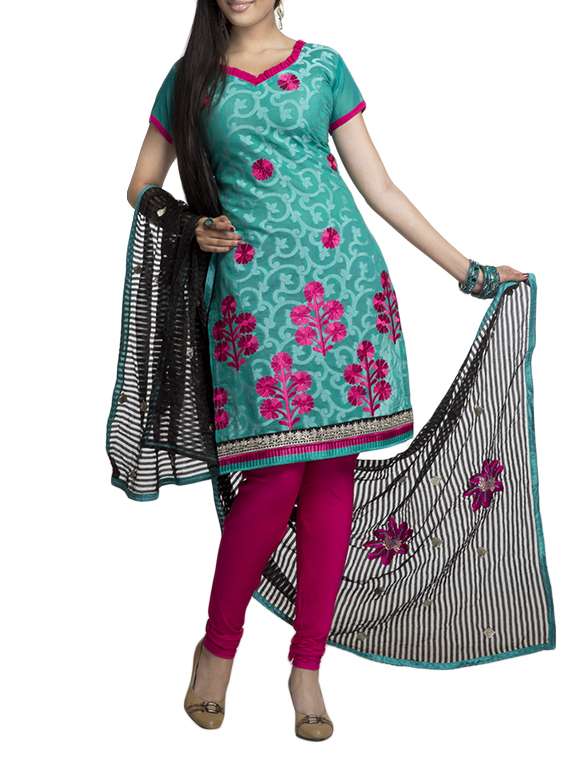 turquoise cotton unstitched suit - 13363888 - Zoom Image - 0