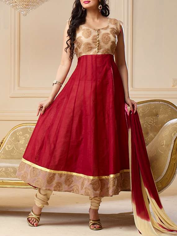 red zari work anarkali unstitched suit set