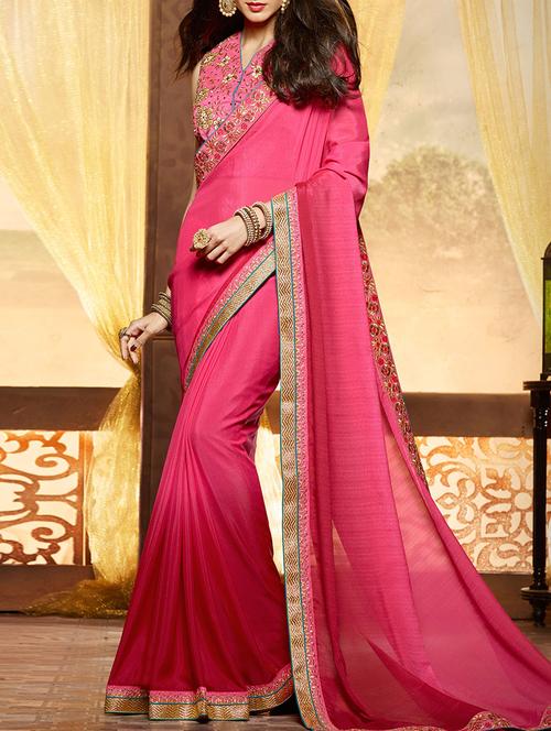pink chiffon bordered saree with blouse - 13372151 -  Standard Image - 0