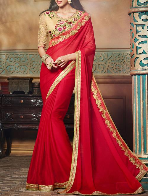 red chiffon bordered saree with blouse - 13372160 - Standard Image - 0