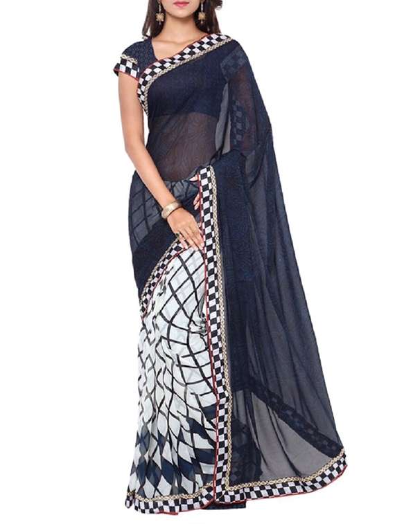 black & white georgette printed half and half saree with blouse