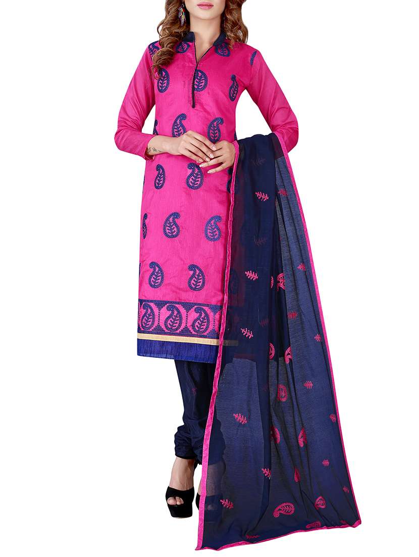 pink chanderi cotton embroidered churidaar suits dress material