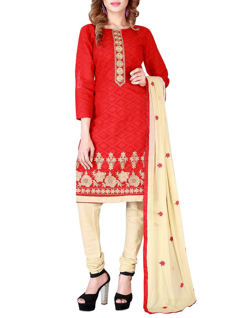 red chanderi cotton embroidered churidaar suits dress material