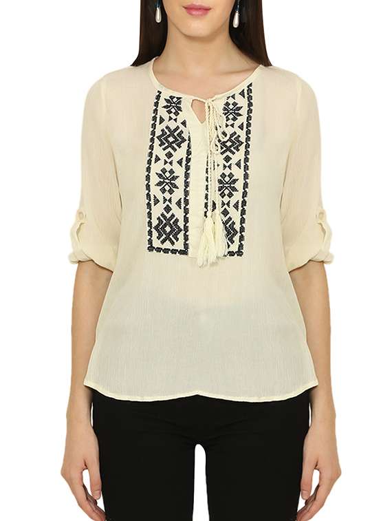 beige embroidered rayon regular top
