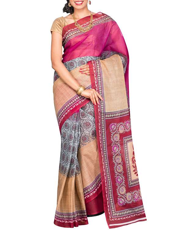 pink printed saree with blouse