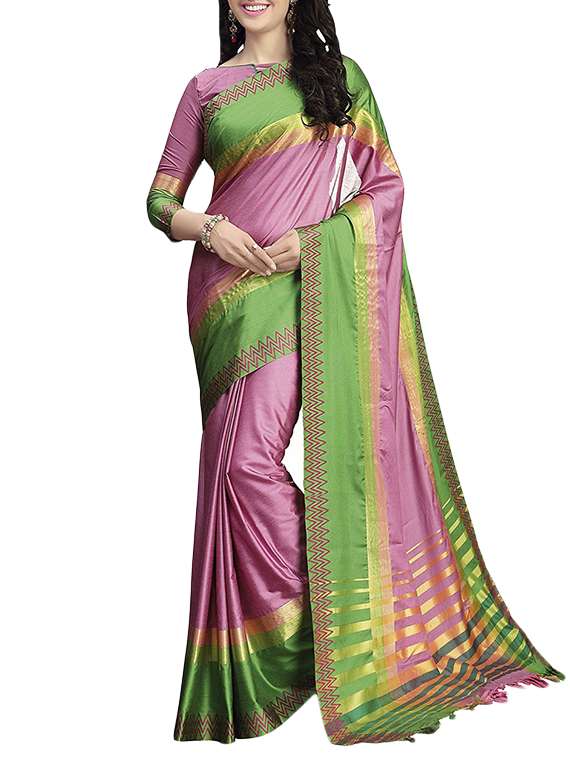 pink cotton blend bordered saree with blouse