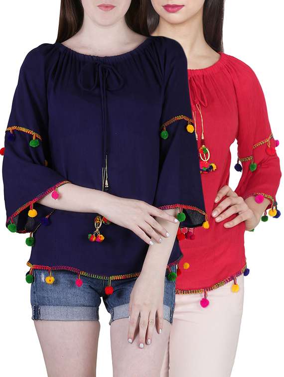 set of 2 multicolored rayon off shoulder tops