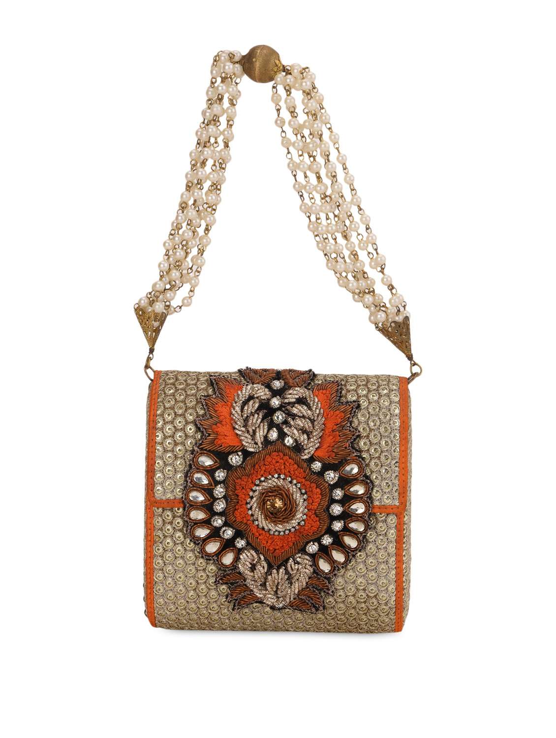 beige embellished shimmer clutch