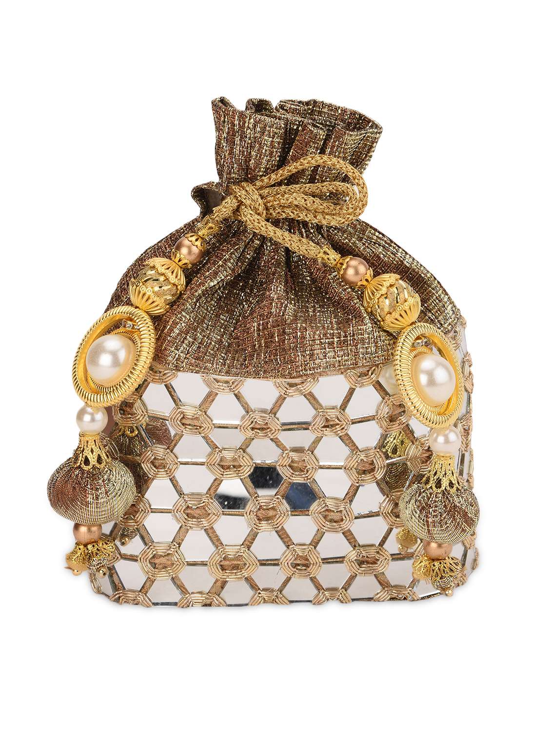 gold mirror work potli bag