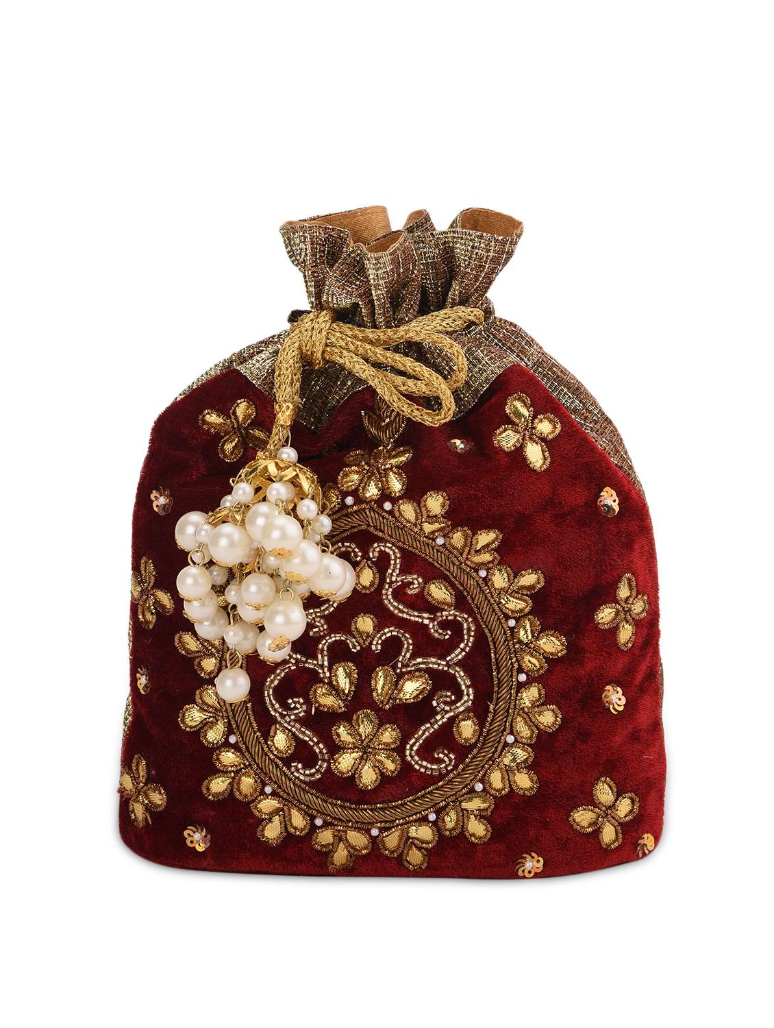 red gota patti work potli bag