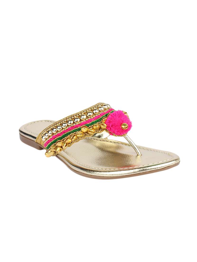 gold pom poms  toe separator  flat sandals