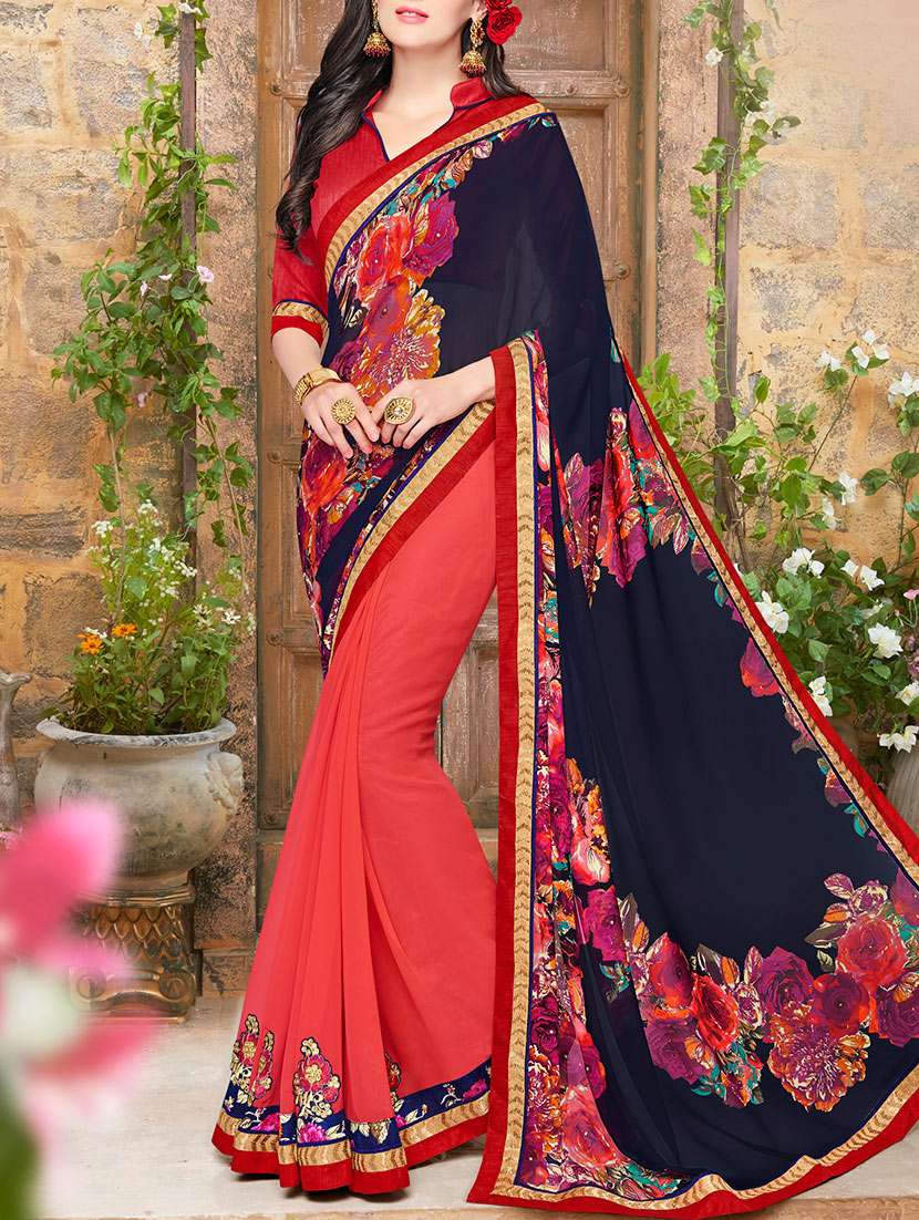 pink georgette half and half saree with blouse