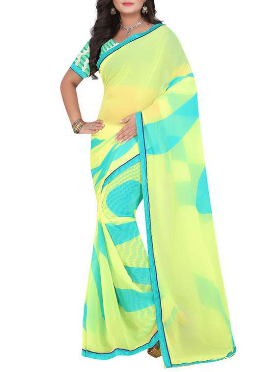 lemon yellow and aqua blue printed  georgette saree with blouse