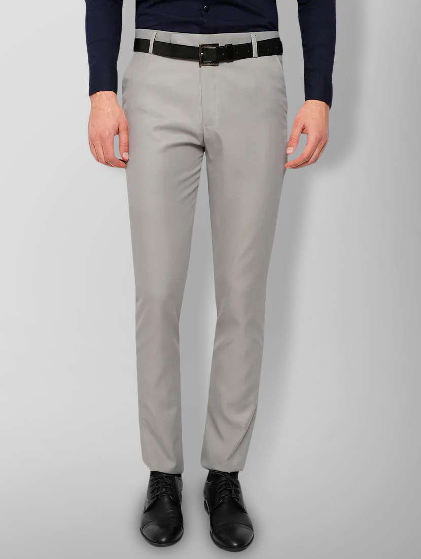 Grey Solid Flat Front Trousers Formal Trouser