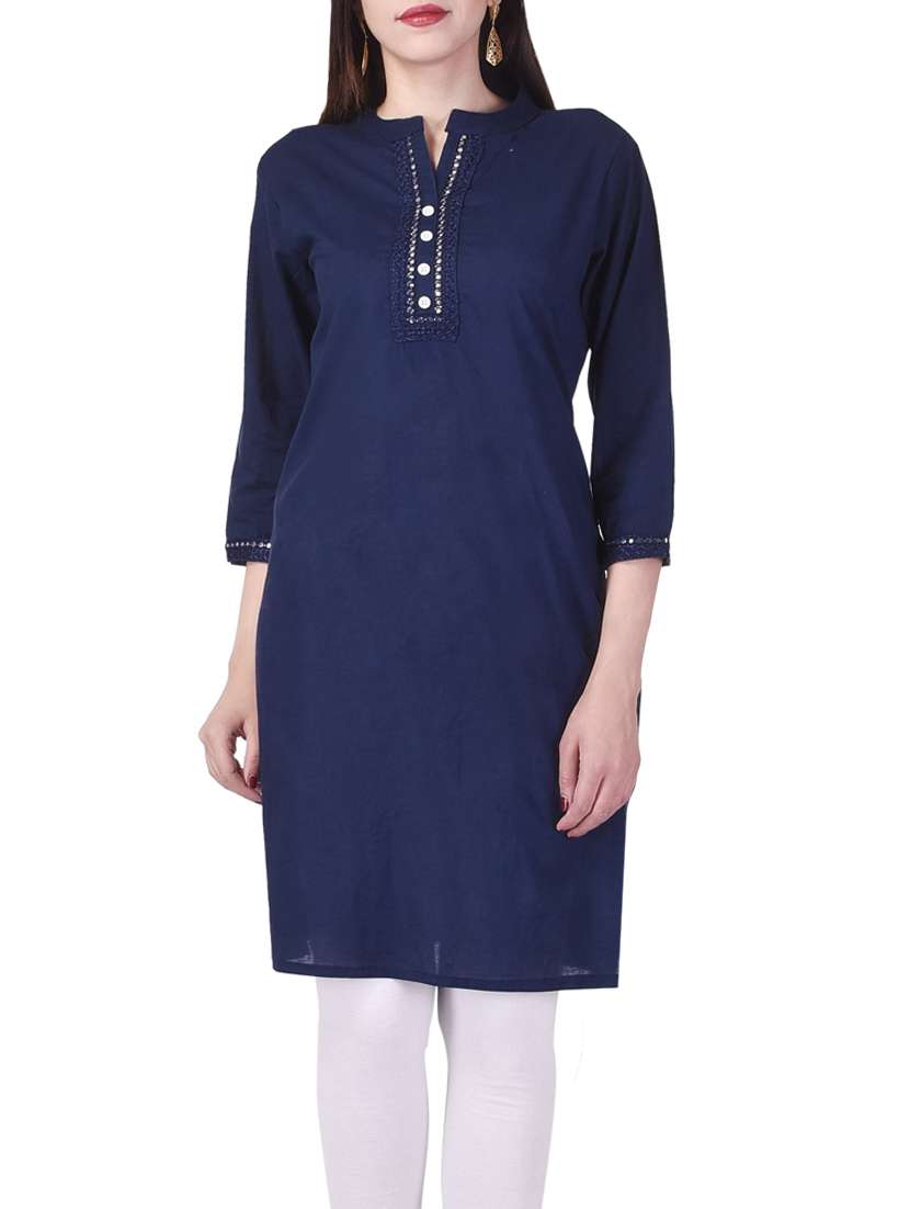 blue cotton straight solid kurta