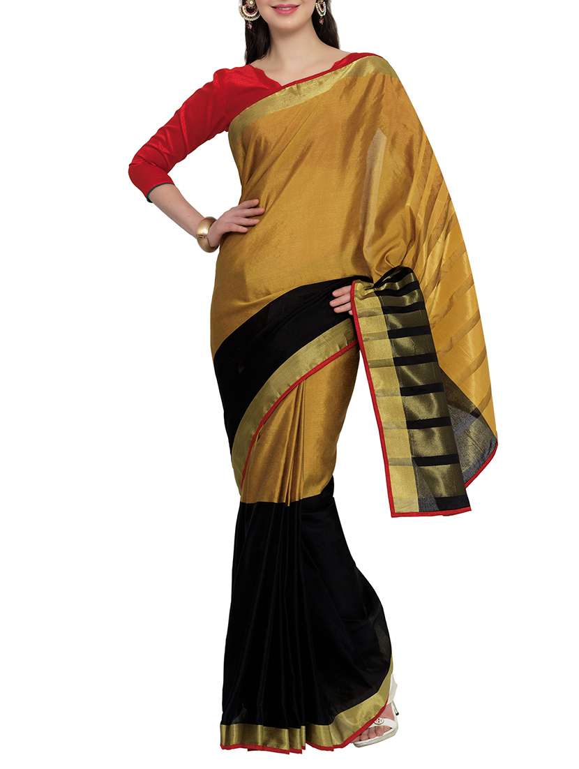 mustard & black satin woven saree with blouse