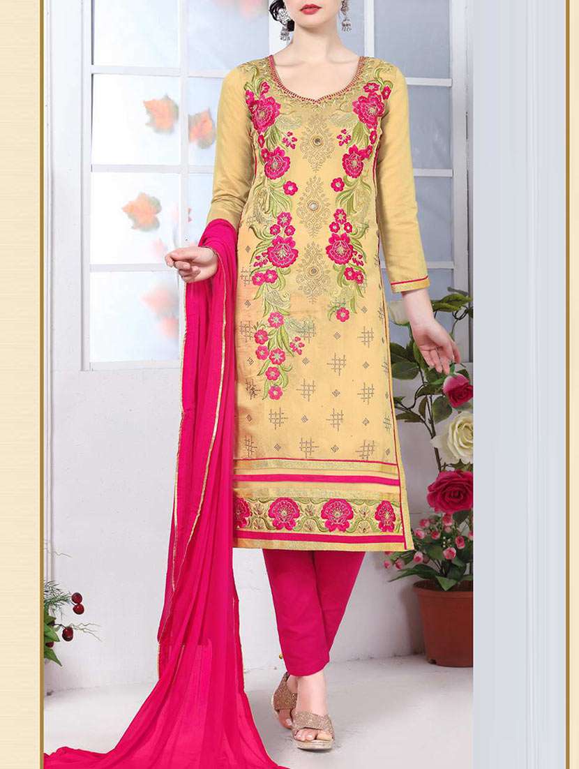beige cotton embroidered churidaar suits dress material