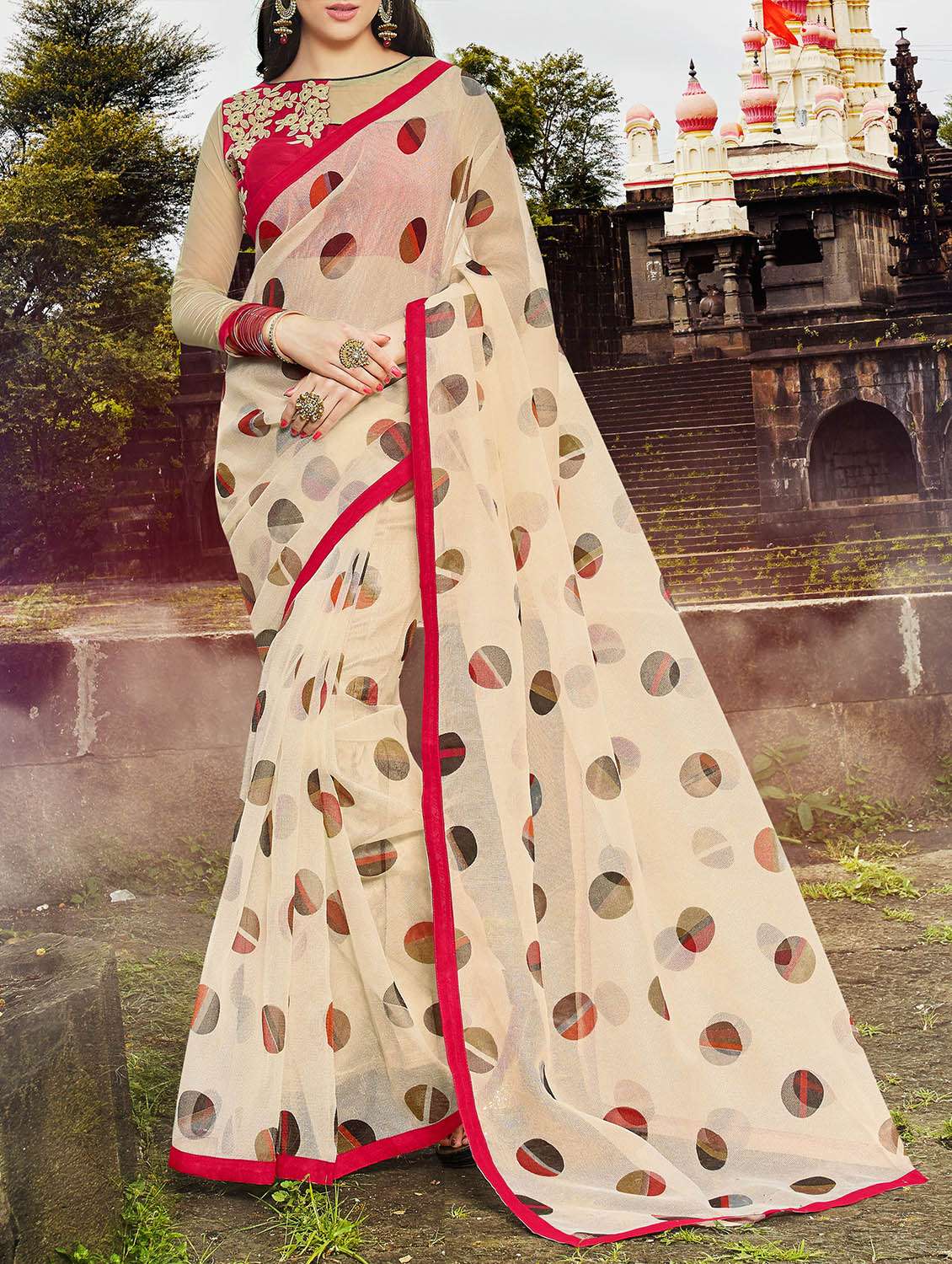 beige net polka dots printed saree