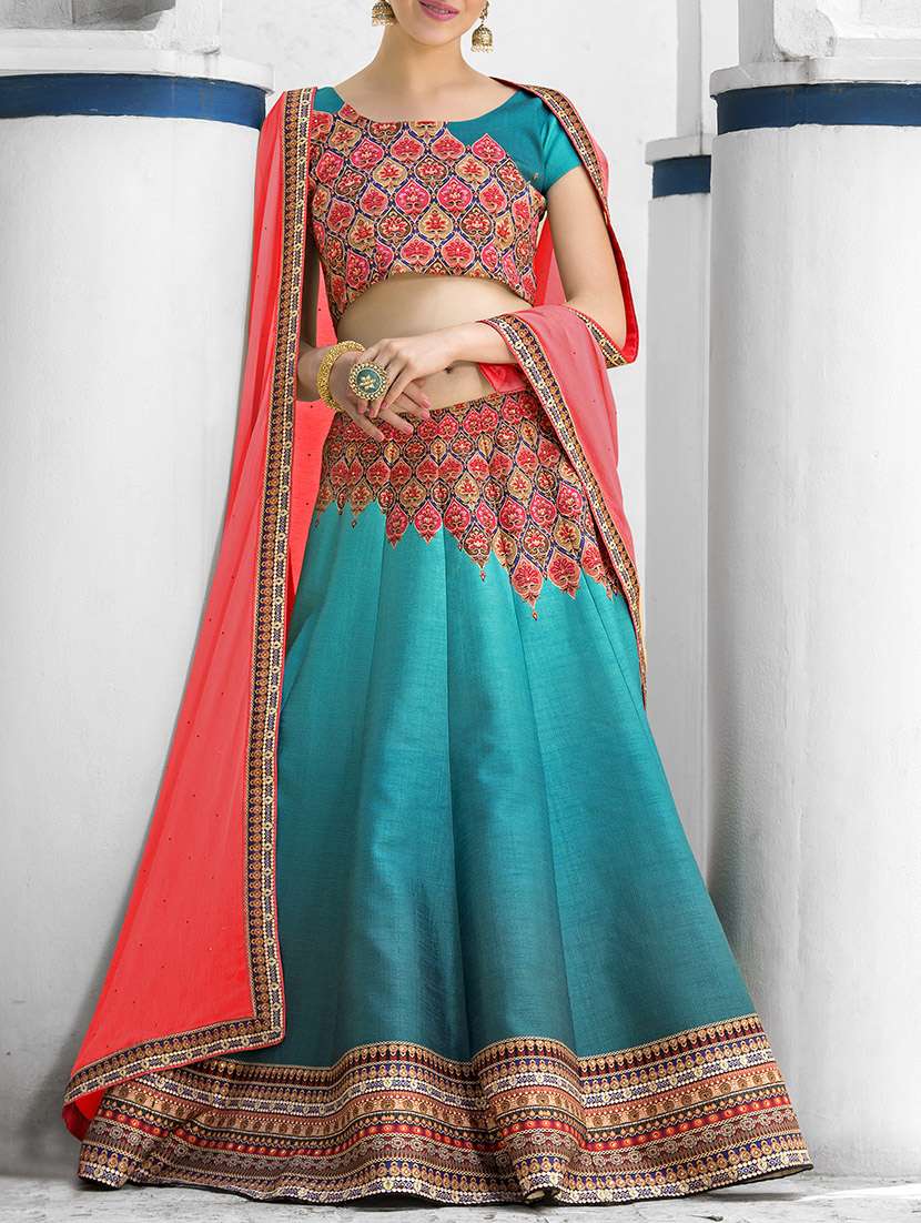 sky blue silk printed lehenga