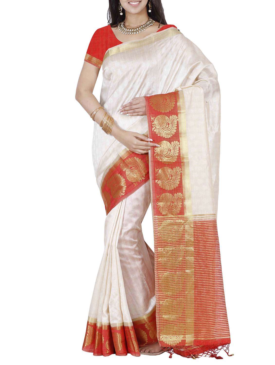 white art tussar silk saree with blouse