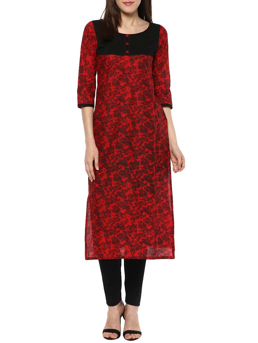 maroon cotton printed straight kurta
