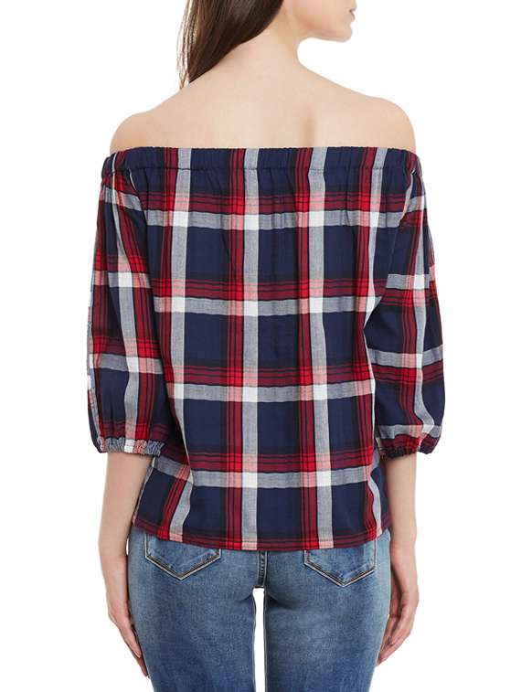 navy blue checkered rayon off shoulder top - 13465443 - Standard Image - 2