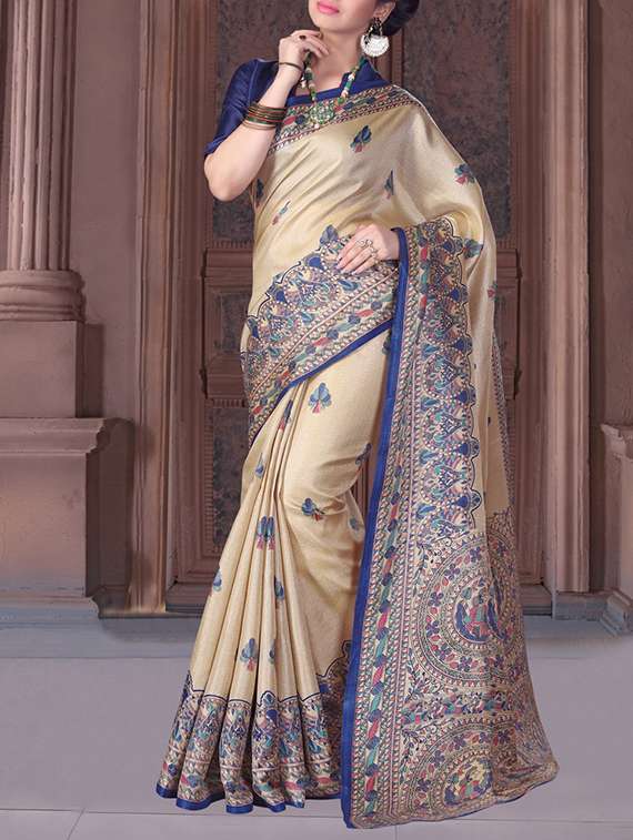 beige art silk printed saree with blouse
