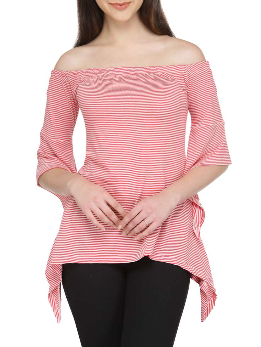 off shoulder striped asymmetric top 