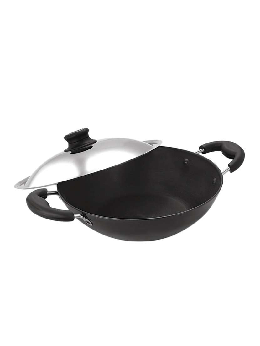 pristine hard anodised deep fry pan kadai with lid, 26 cm