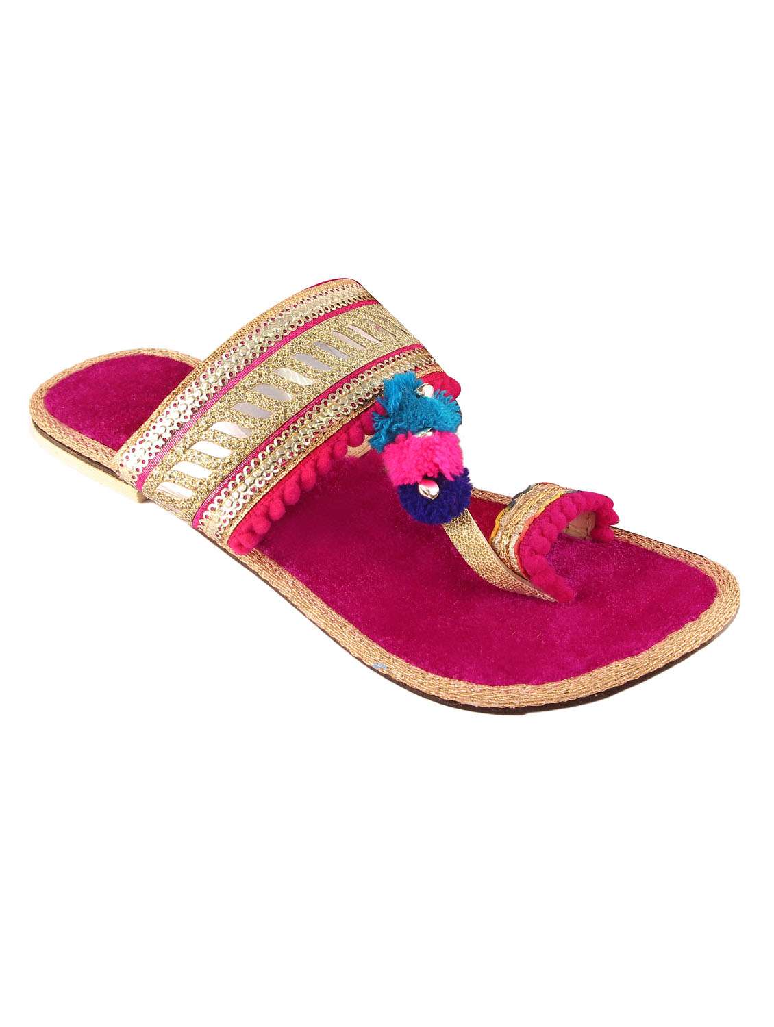 pink pom poms one toe kolhapuri