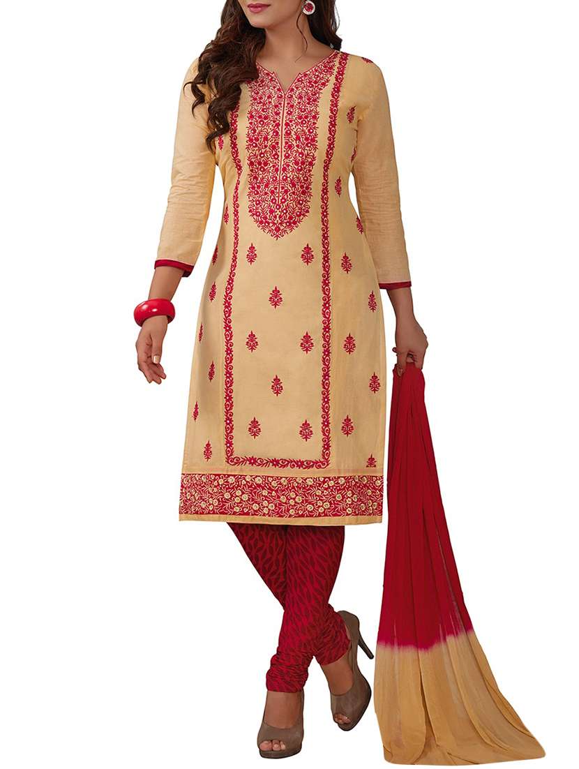 beige cotton embroidered unstitched suit
