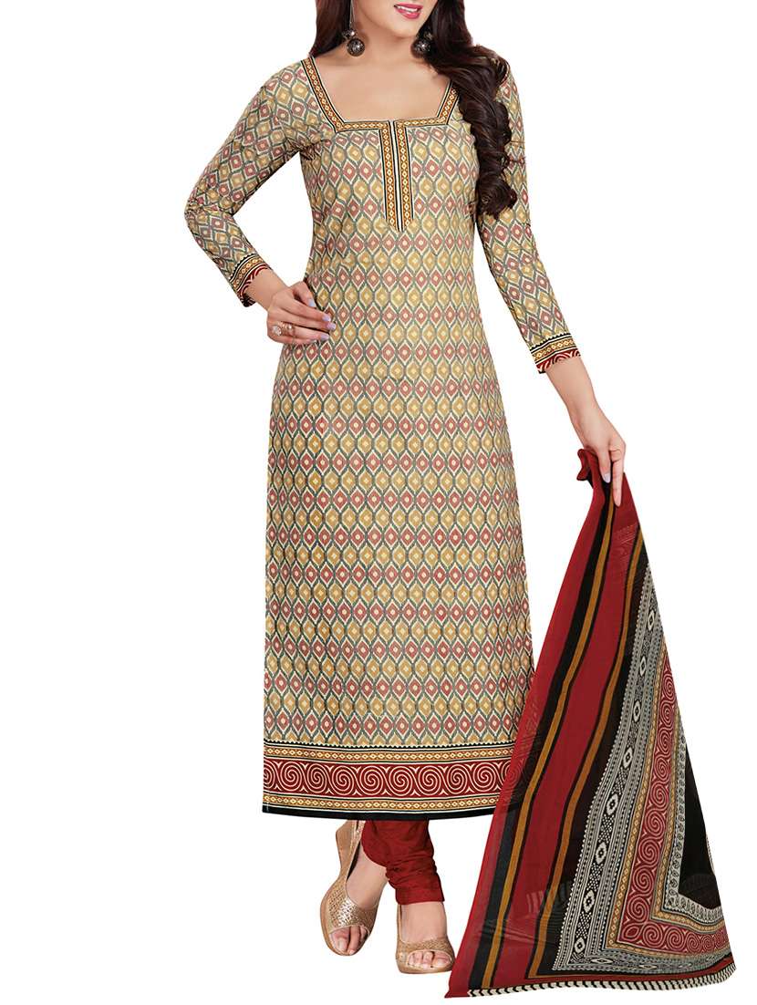 beige cotton printed churidaar suits dress material