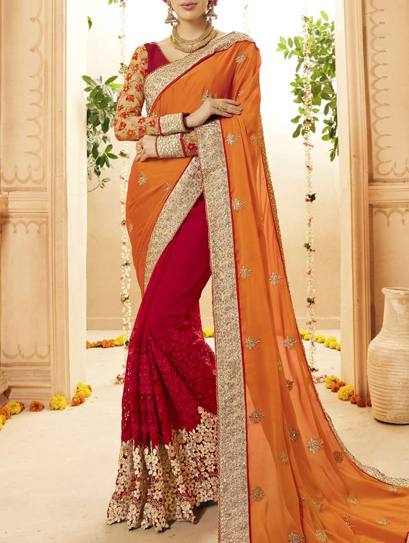 red & orange satin half & half saree with blouse