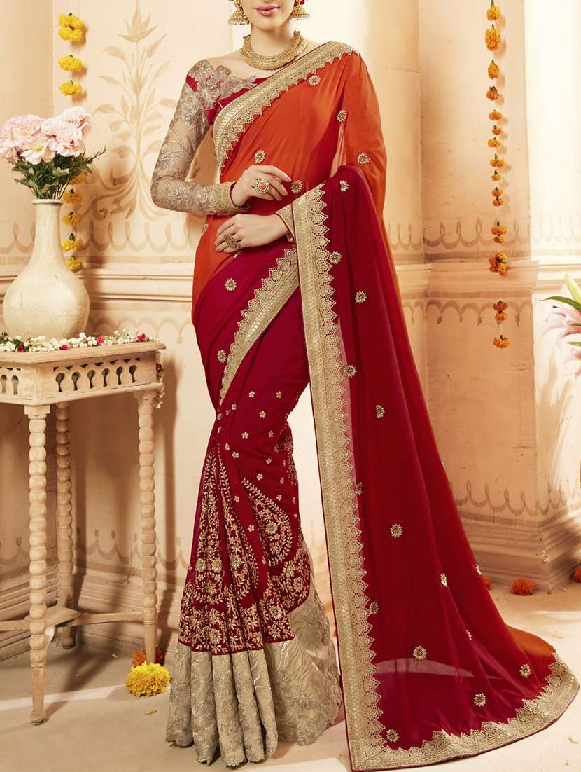 red faux georgette embroidered saree with blouse