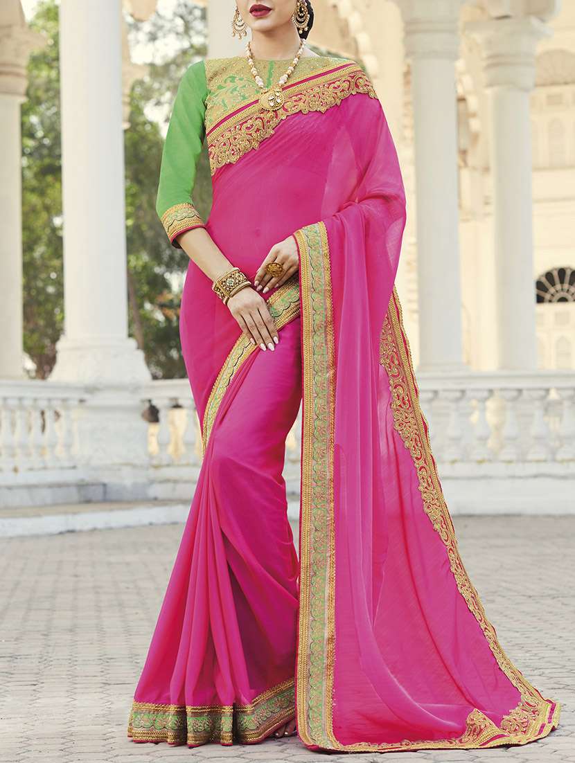 pink georgette bordered saree with blouse