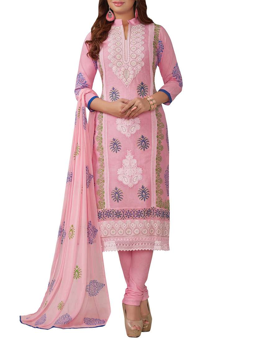 pink cotton embroidered churidaar suit dress material