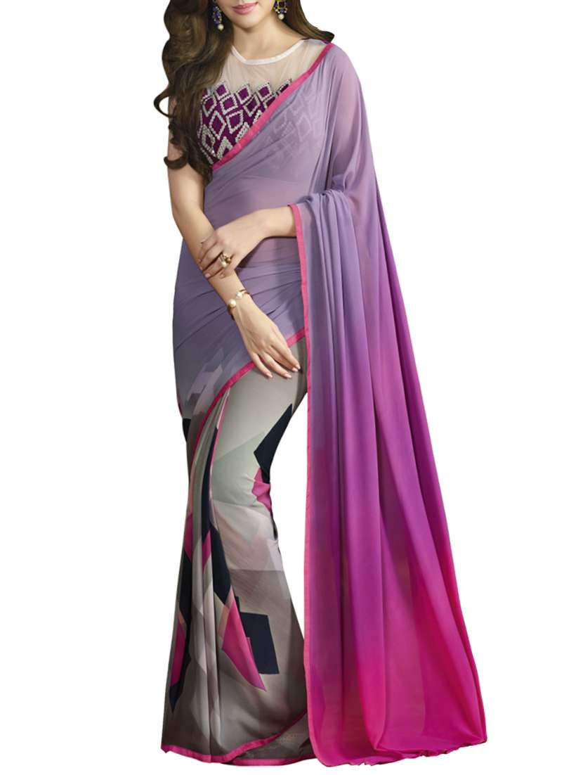 purple georgette printed saree with blouse