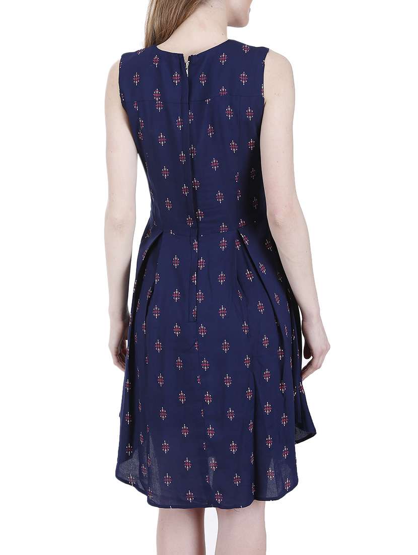navy blue printed rayon fit & flare dress - 13601887 -  Standard Image - 2