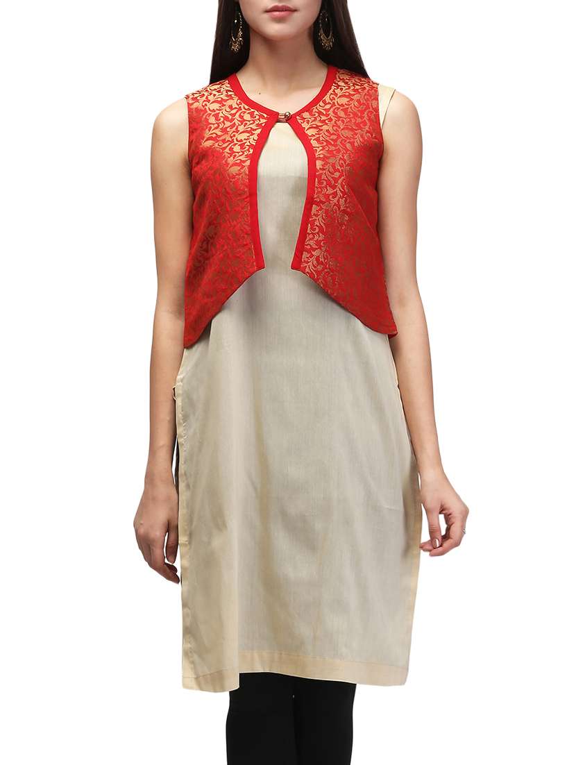 beige rayon straight kurta with brocade jacket