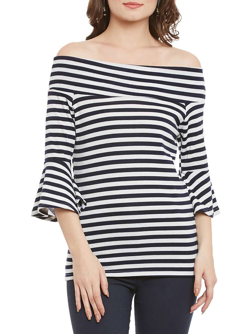 navy blue striped spandex off shoulder top
