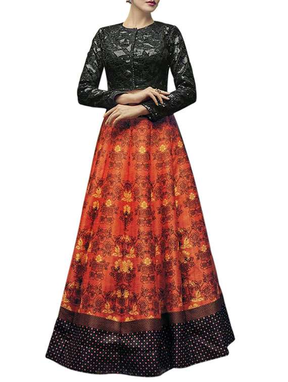 orange raw silk panelled lehenga