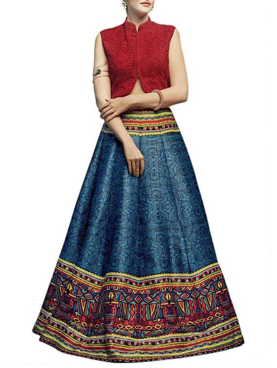 blue raw silk printed panelled unstitched lehenga
