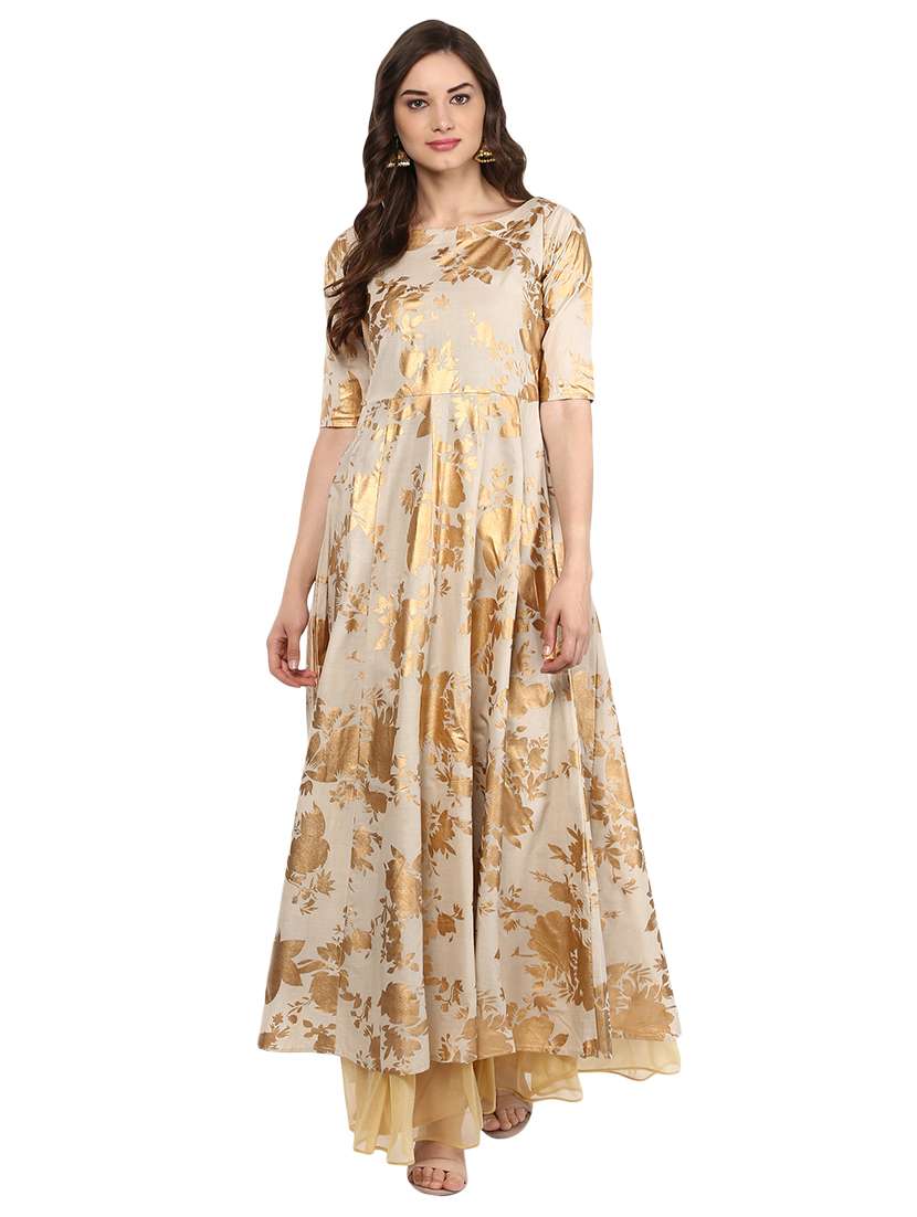 beige and gold cotton printed anarkali kurta