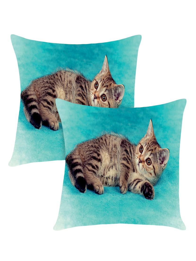 digitally printed cushion cover with cat with blue background design set of two