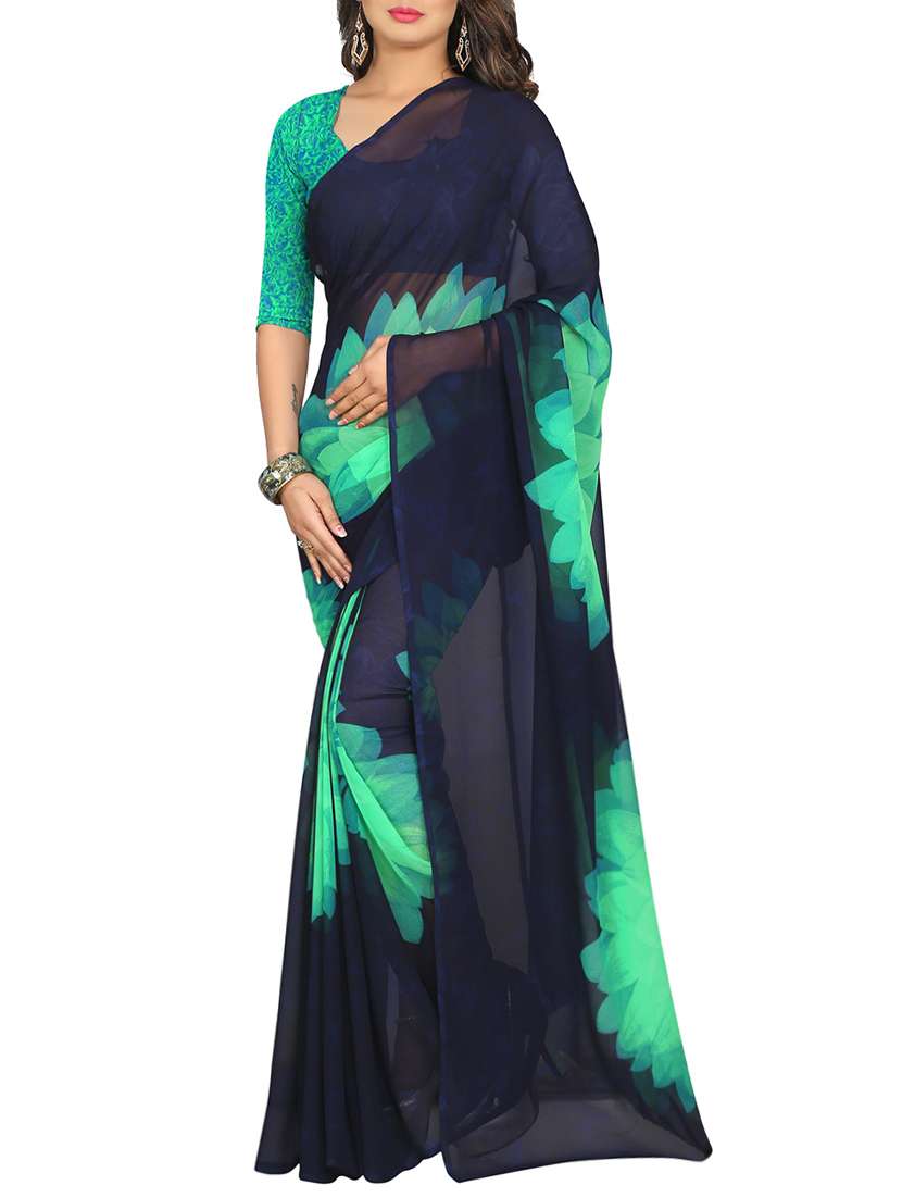 blue georgette floral printed saree with blouse