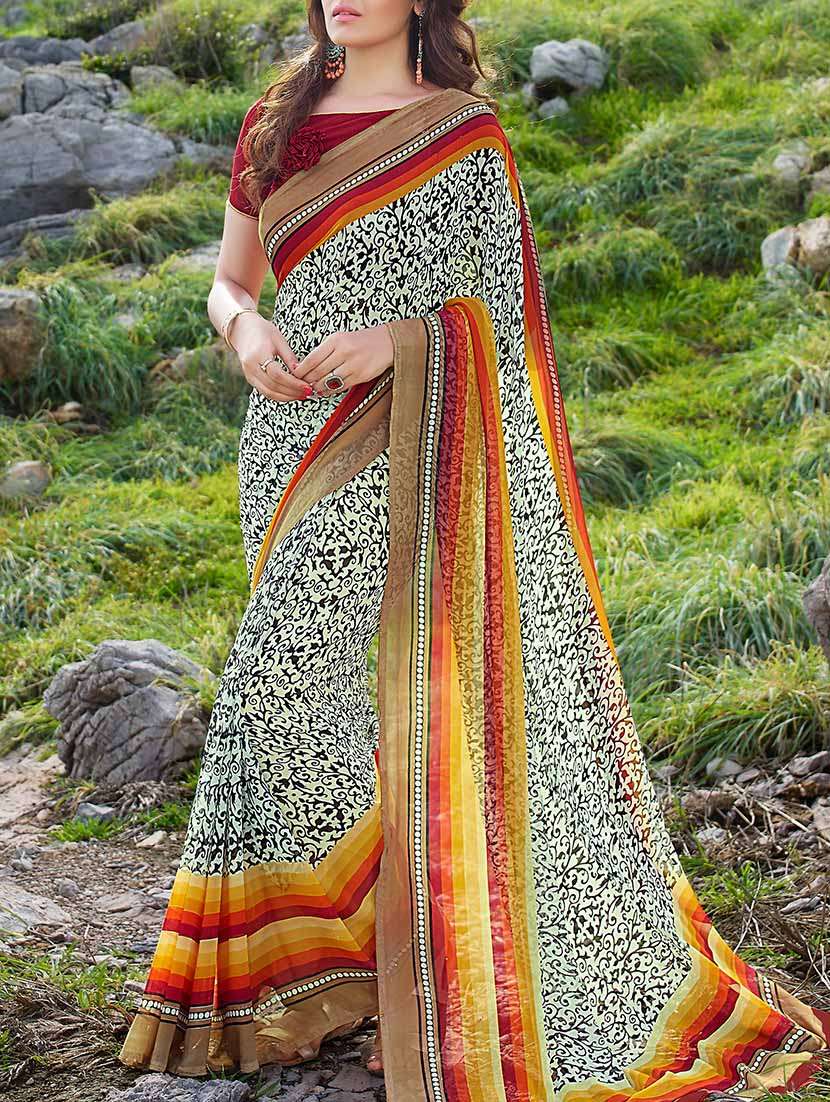 contrast bordered printed saree with blouse